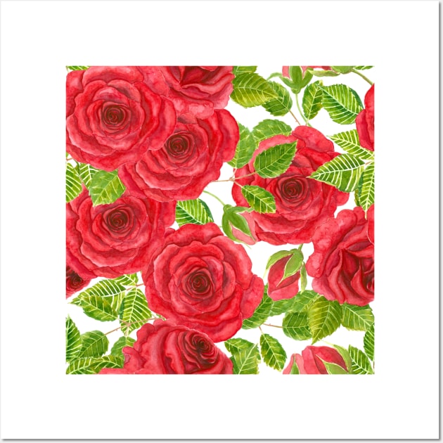 Red watercolor roses with leaves and buds pattern Wall Art by katerinamk